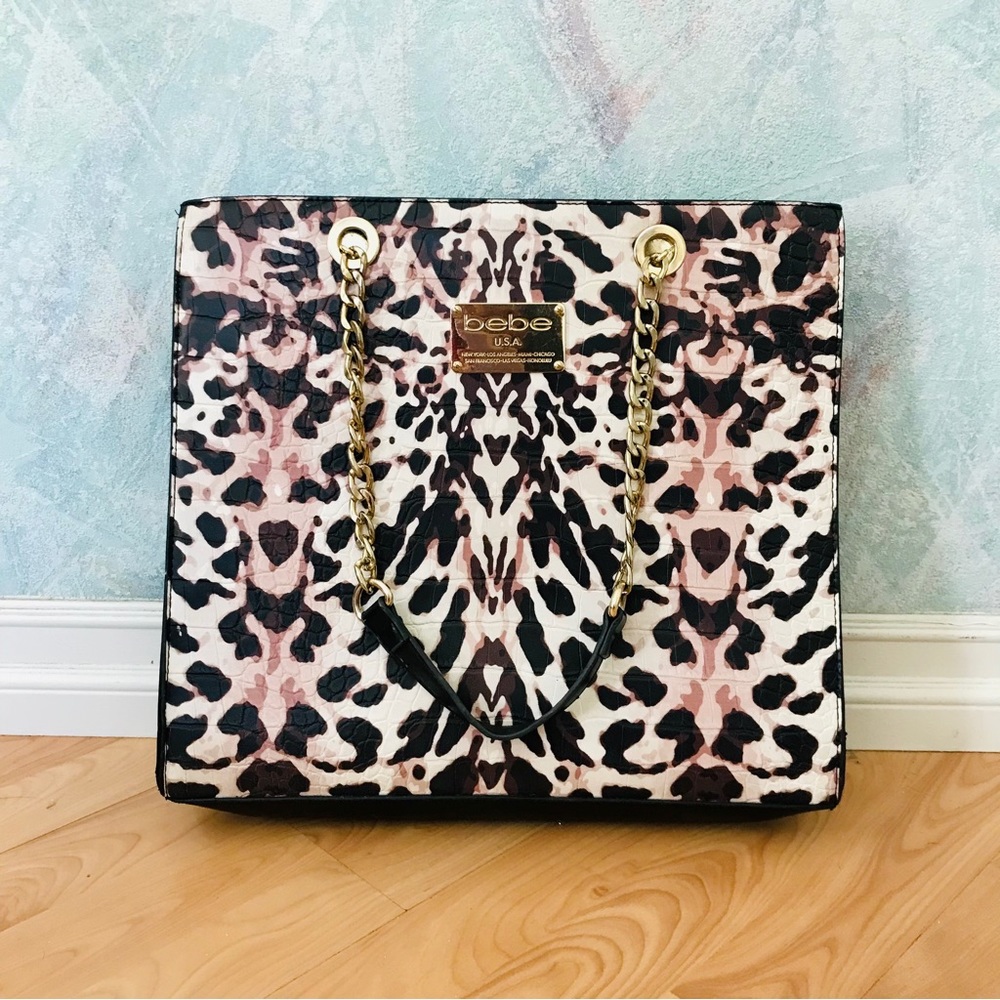 Vintage Bebe Y2K Leopard Print Gold Grunge Faux Leather Large Tote Purse Bag